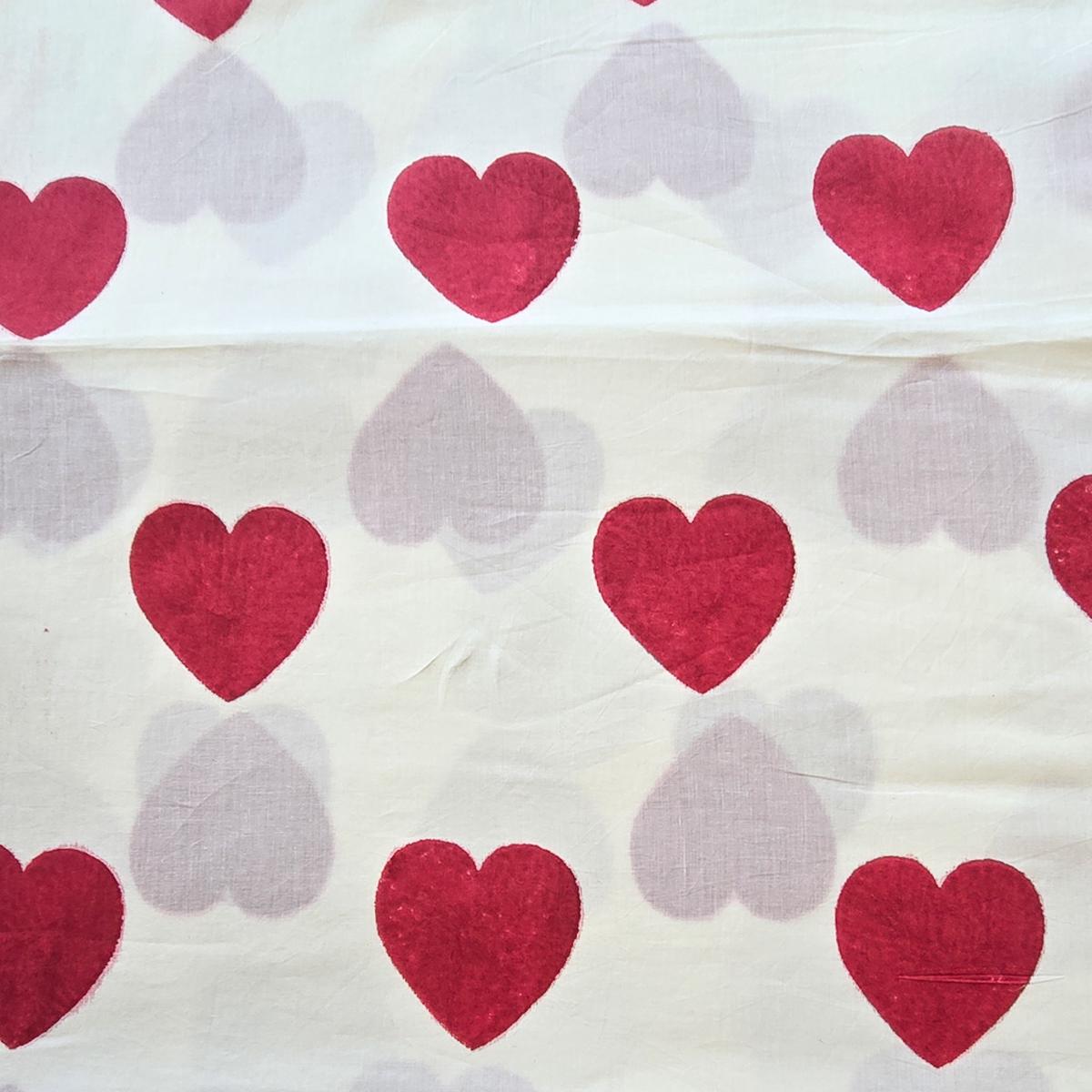 Pure Cotton Jaipuri White With Red Heart Motif Hand Block Print Fabric