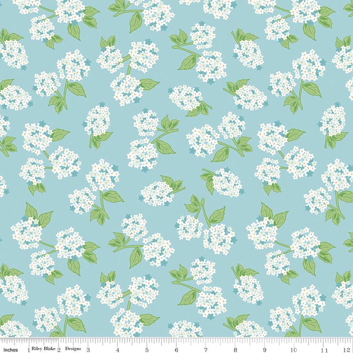 Correspondence Hydrangeas Aqua Blue Floral Fabric - C17564 - Riley Blake Quilting Cotton Fabric