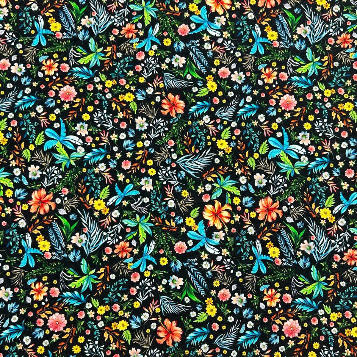 Busy Floral on Black Bamboo Jersey Fabric