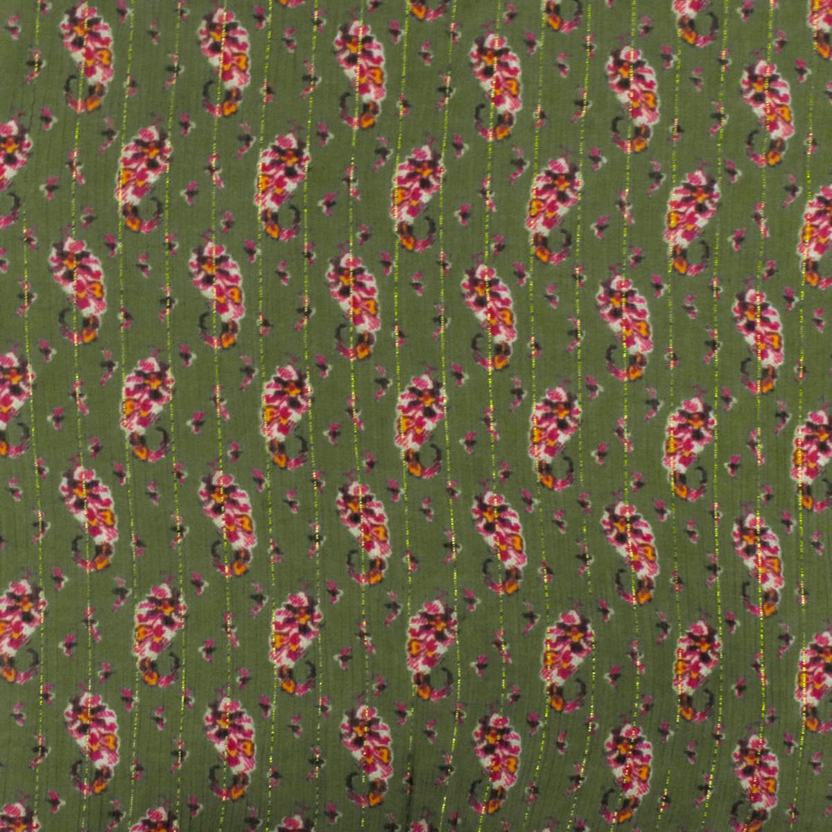 1 1/2 YD PC-Olive-Multi Famous Designer Floral Printed Metallic Stripe Chiffon Fabric