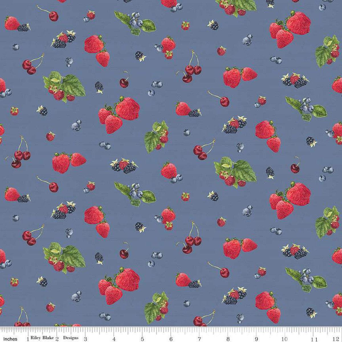 14" End of Bolt - CLEARANCE Monthly Placemats June Berry Toss C12411 Denim by Riley Blake - Berries - Quilting Cotton