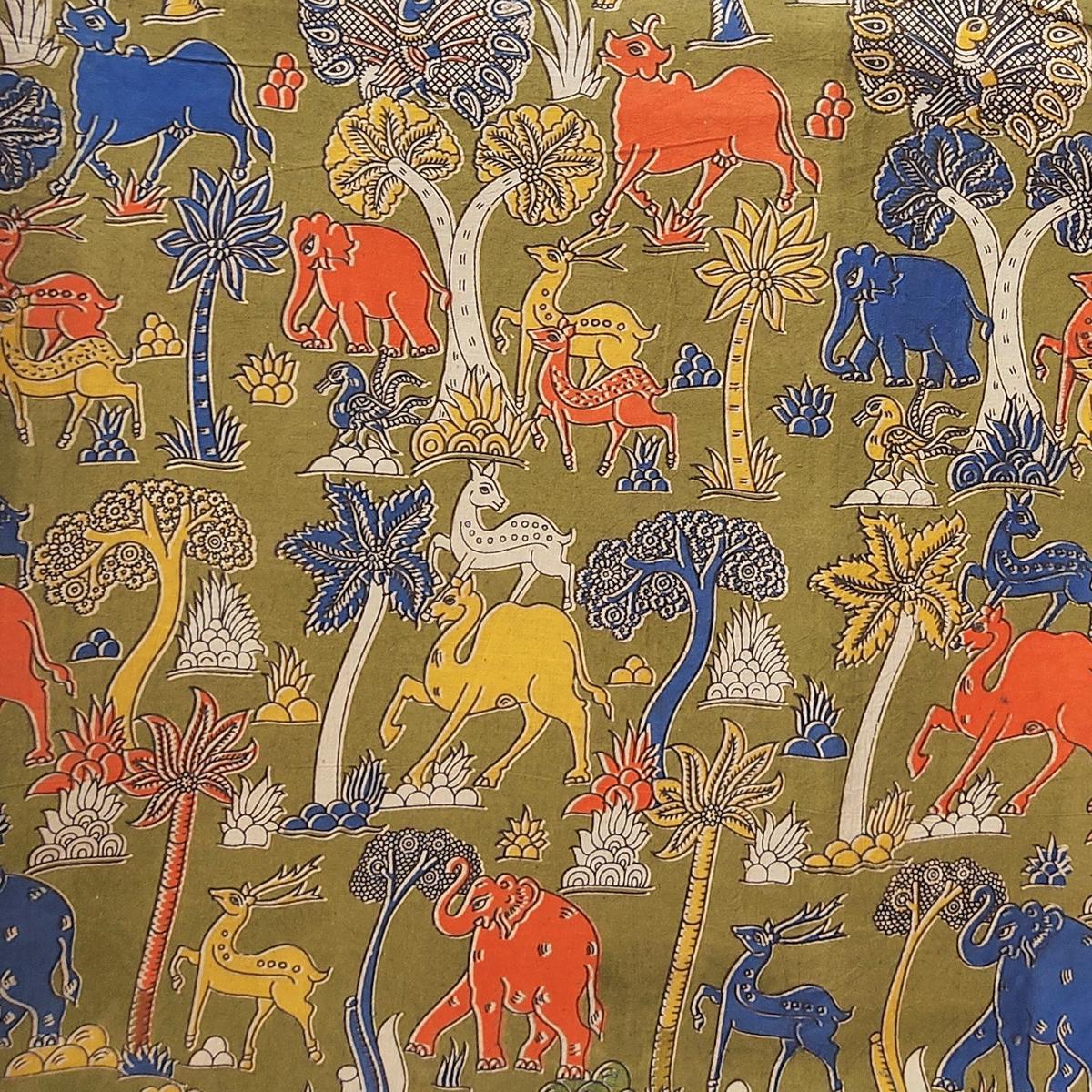 Pure Cotton Kalamkari Mehandi Green With Wild Animal Hand Block Print Fabric