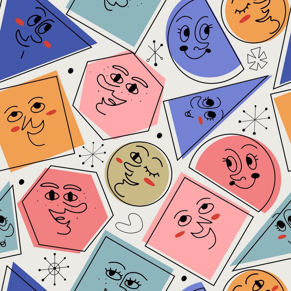 Retro Geometric Shapes with Faces Fabric