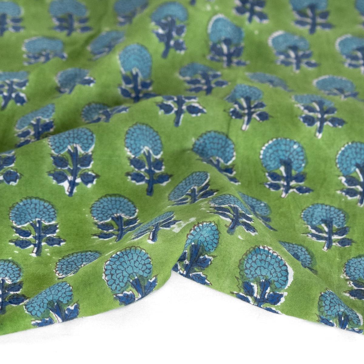 Bloom Block Printed Organic Cotton Batiste - Grass/Aqua