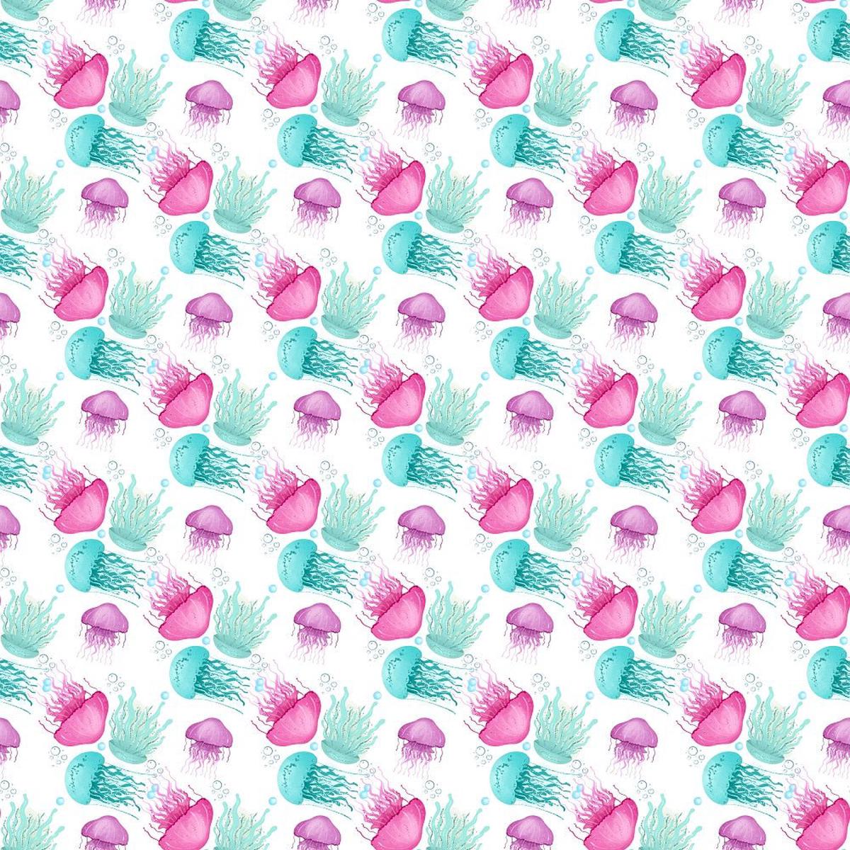Sea Jellyfish Pink and Light Blue Fabric - White