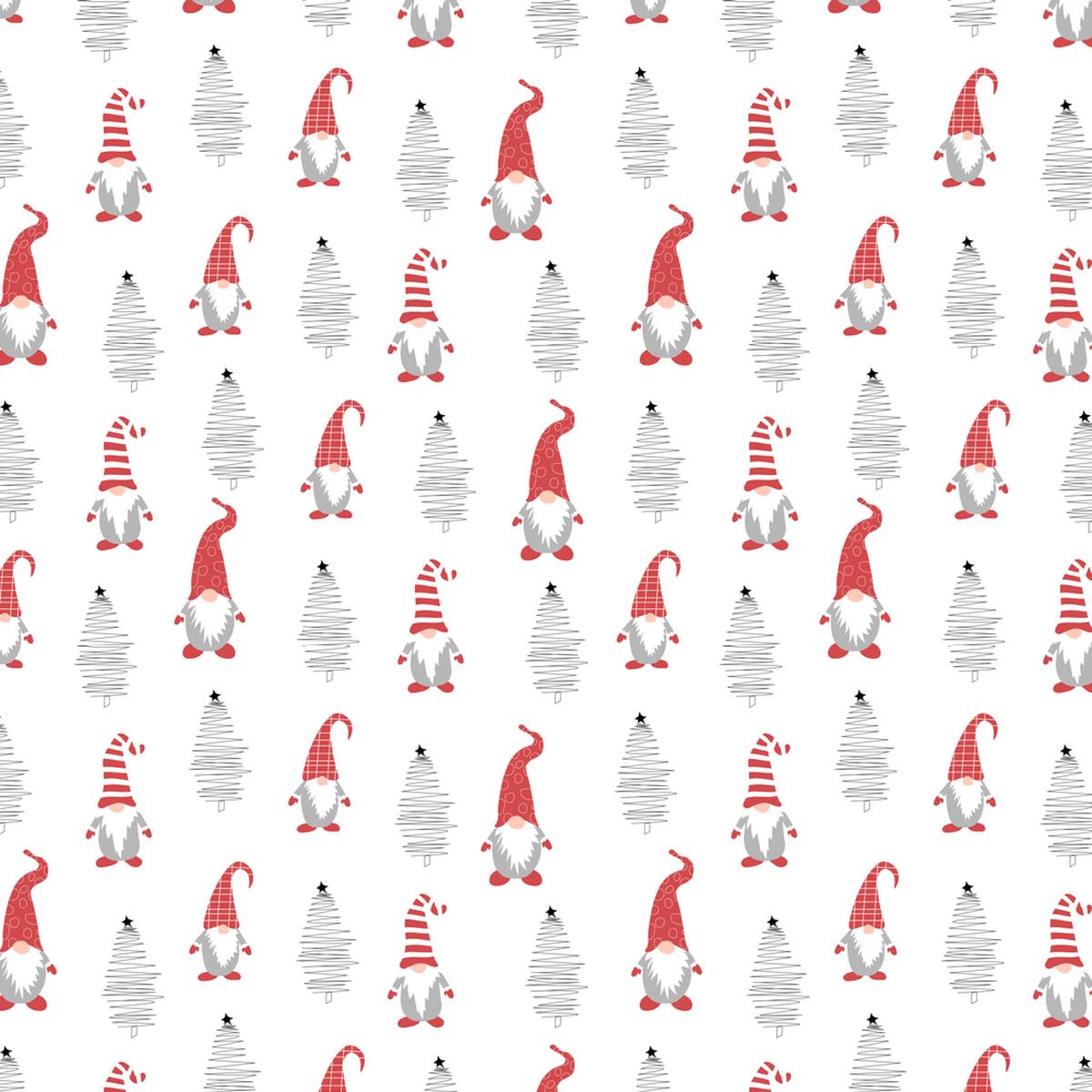 Holiday Gnomes, Hand Drawn Trees Fabric - White