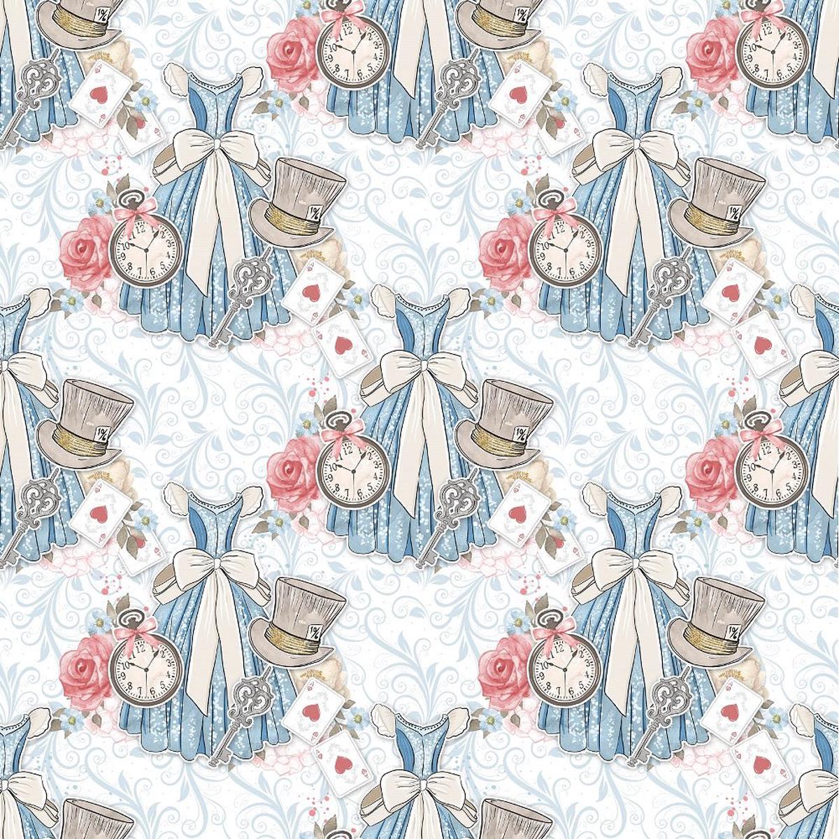 Watercolor Alice in Wonderland Pattern #6 Fabric