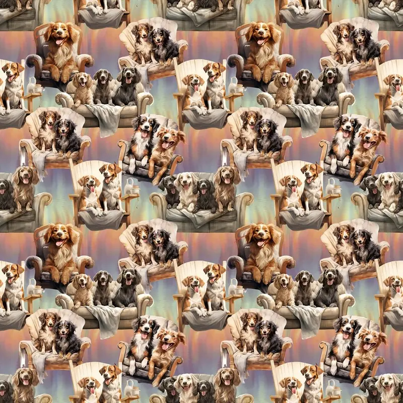 Happy Pups Sitting In Chairs Fabric