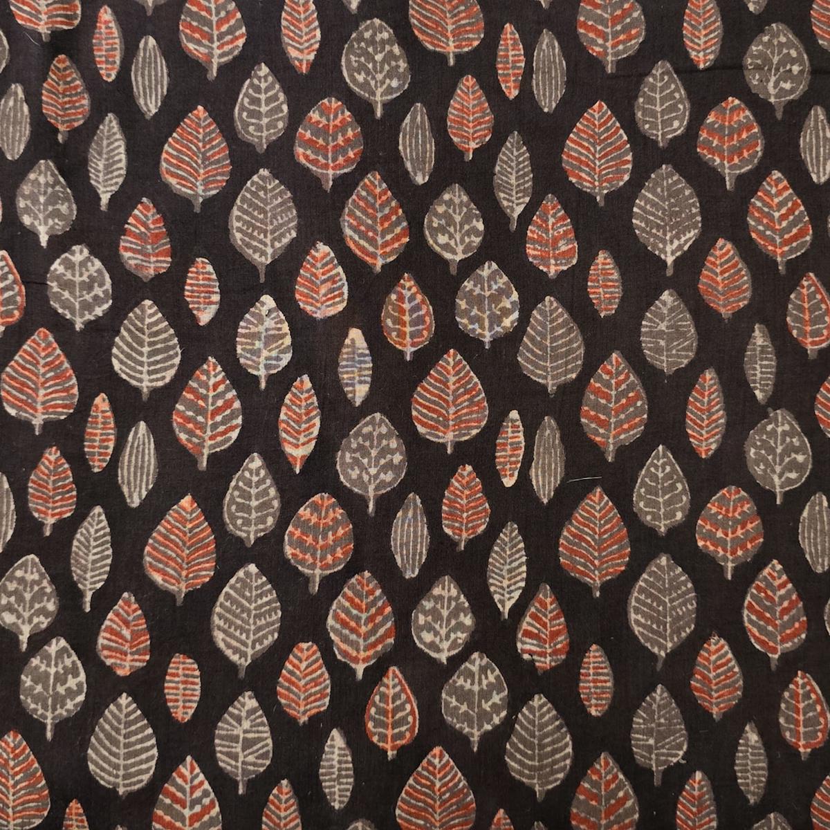 Pure Cotton Vanaspati Black With Red Leaves Motif Hand Block Print Fabric