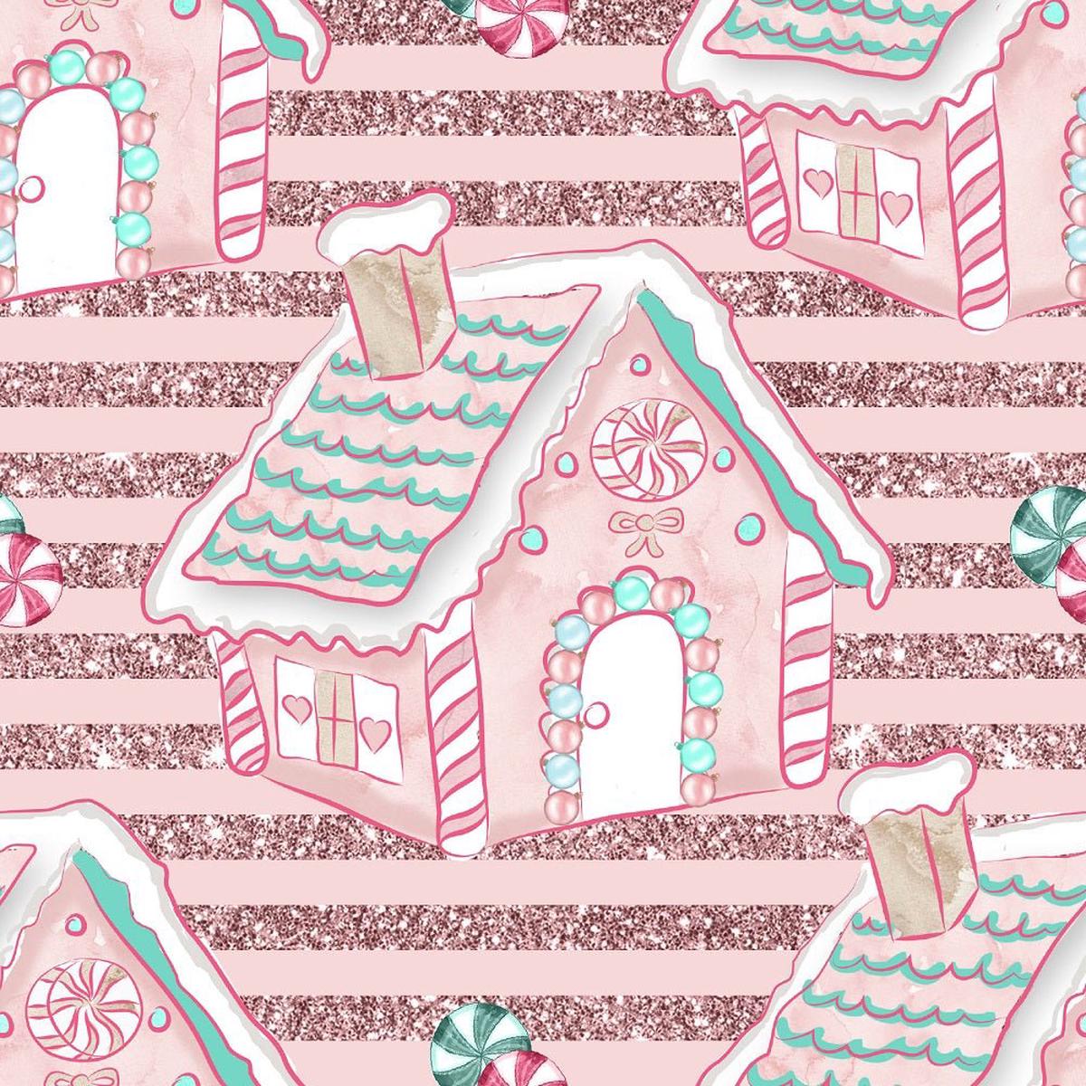 Peppermint Christmas Gingerbread House on Stripes Fabric - Pink