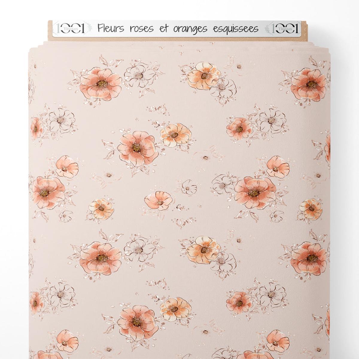 Tissu - Fleurs roses et oranges esquisses