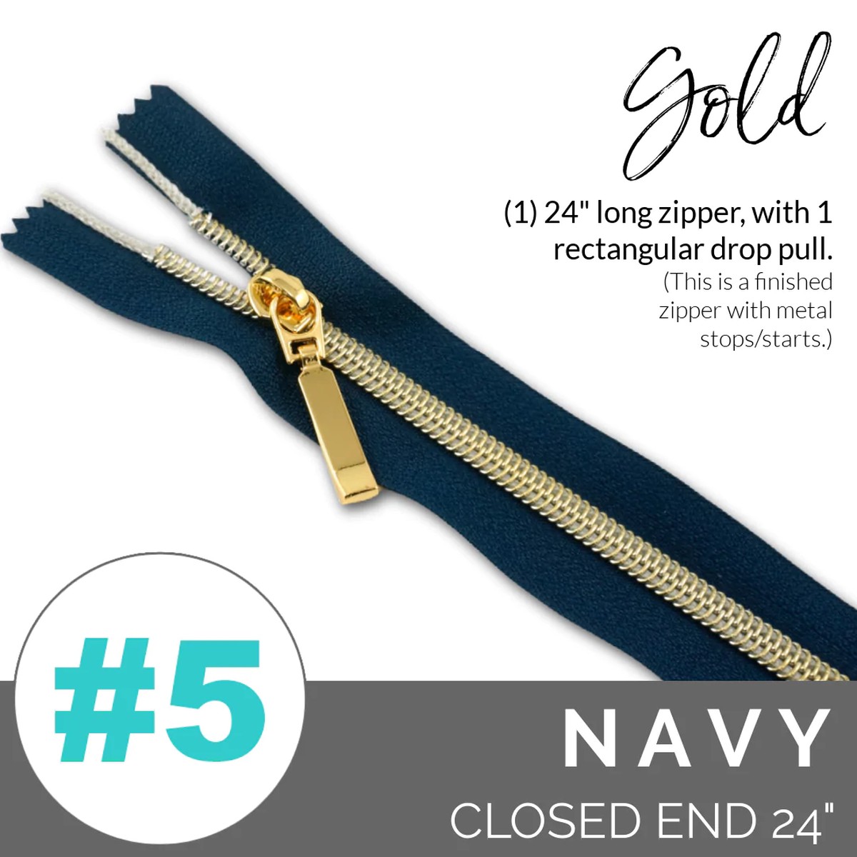 Emmaline #5 24in Zipper Navy Tape With Light Gold Coil