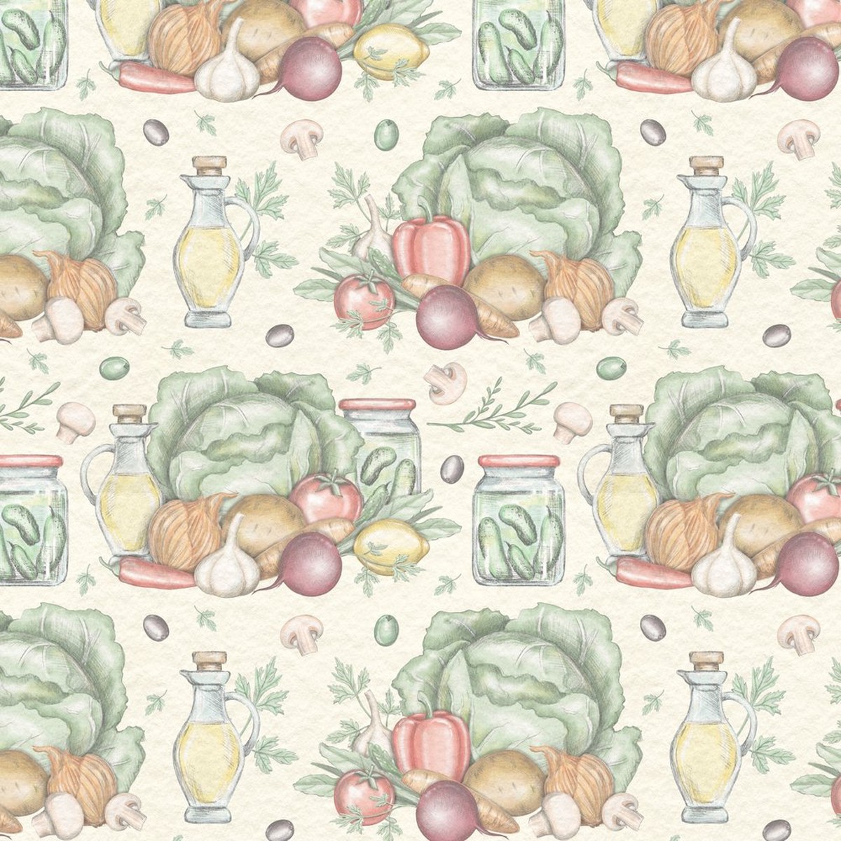 Batch Of Vegetables In The Kitchen Fabric - Cream