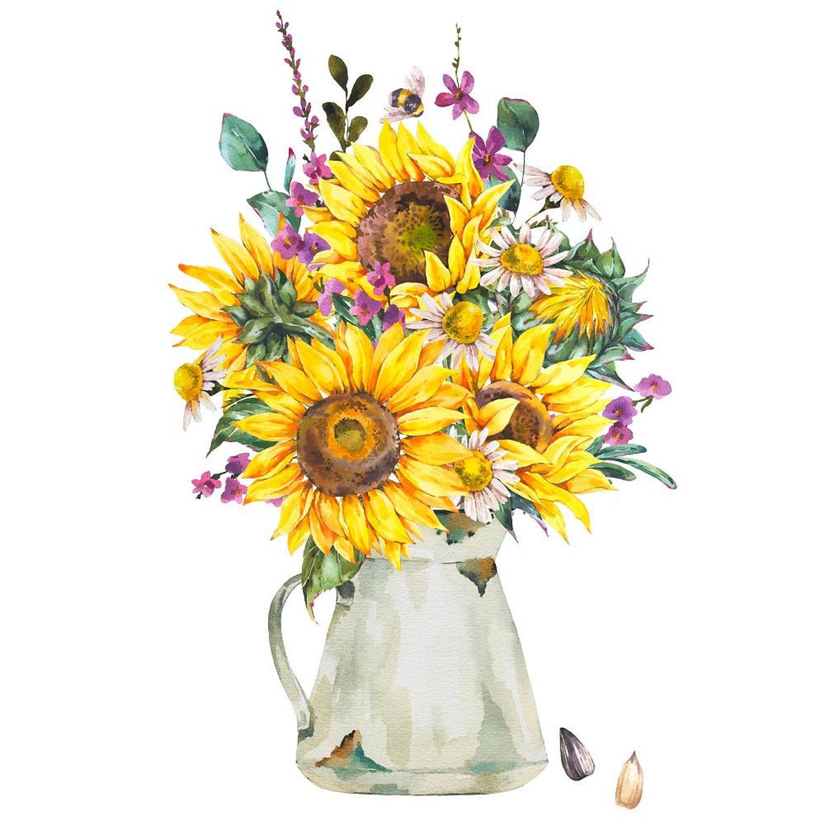 Watercolor Rustic Farmhouse Sunflower White Metal Can Fabric Panel