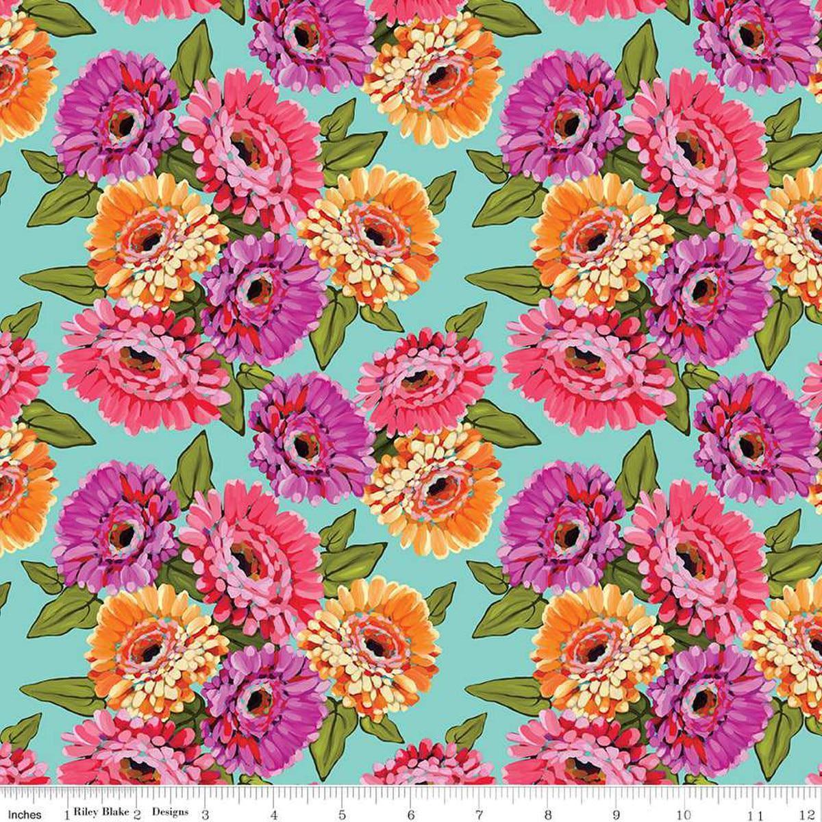 Zinnias Main CD16690 Aqua - Riley Blake Designs - DIGITALLY PRINTED Floral Flowers Leaf Leaves - Quilting Cotton Fabric