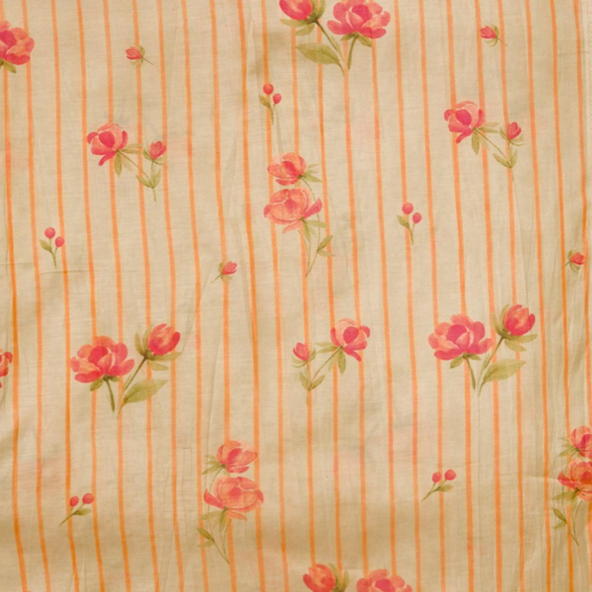 Malai Digital Print Light Yellow With Stripe And Pink Flower Motif Fabric