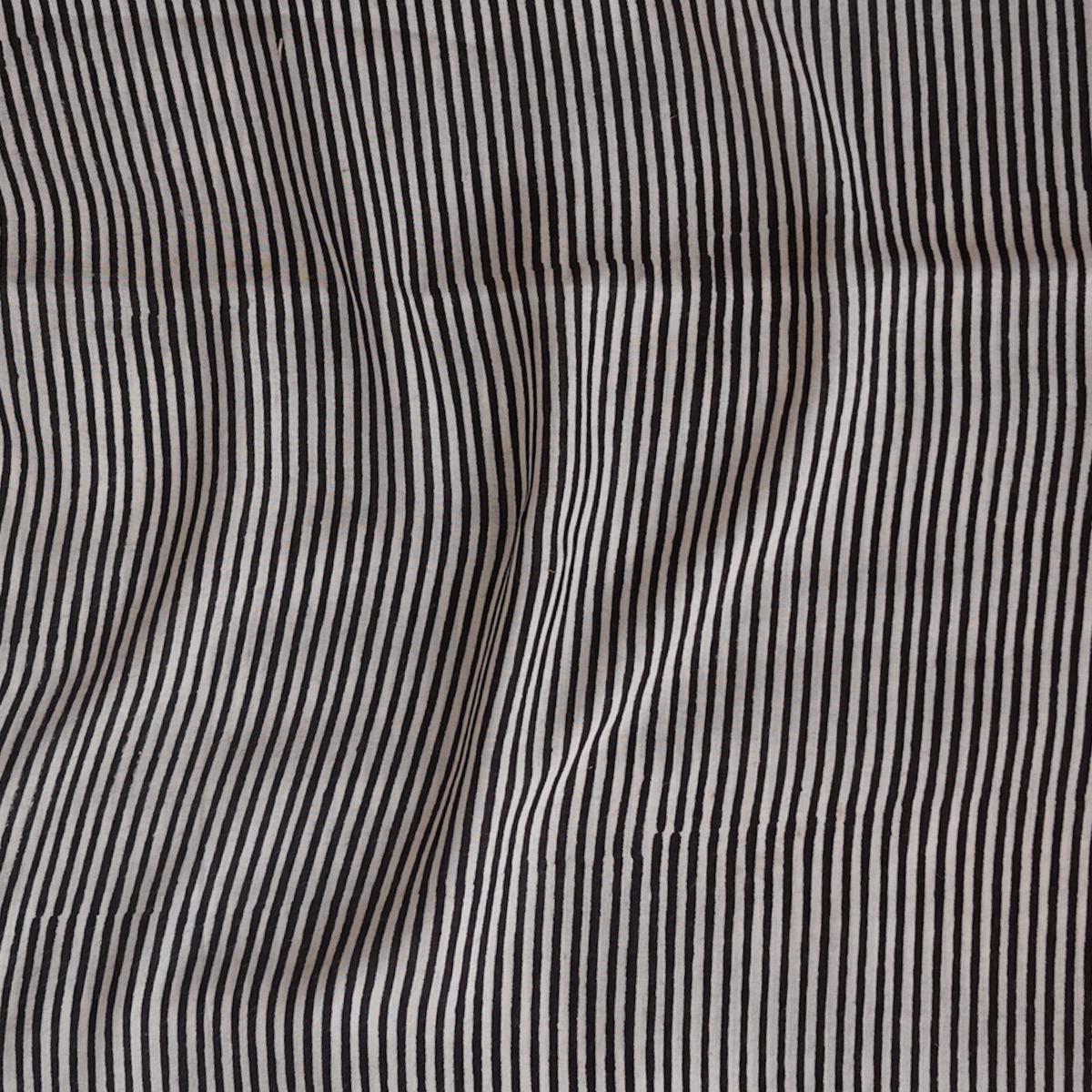 Modal Cotton Bagru Black With Cream Stripes Hand Block Print Fabric