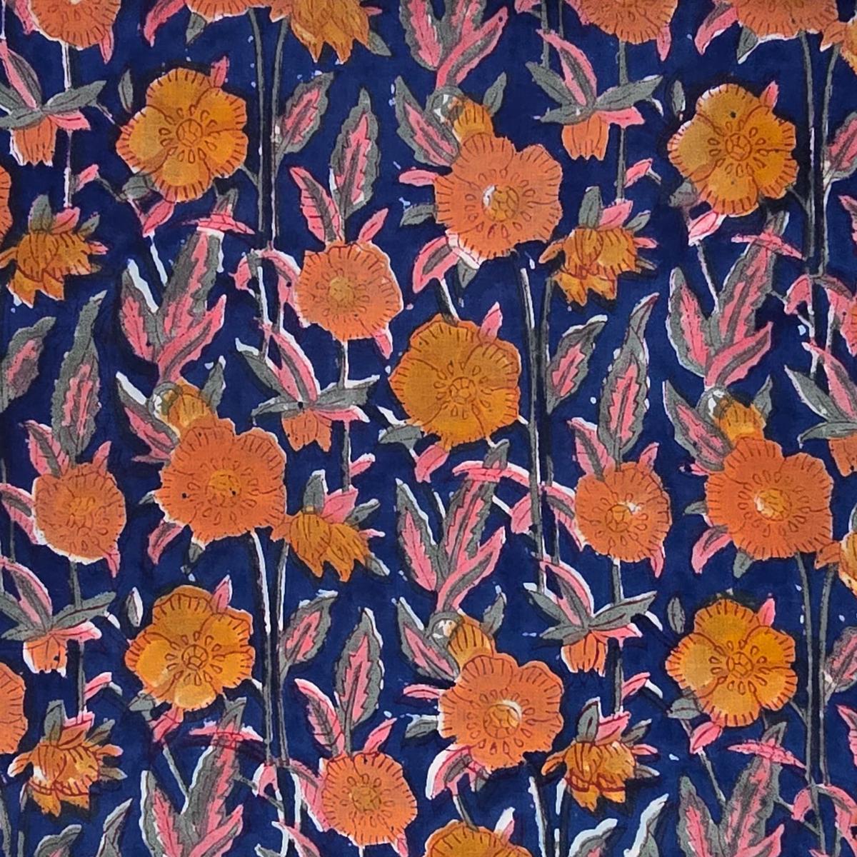 Pure Cotton Jaipuri Blue With Shades Of Orange Grass Hand Block Print Fabric