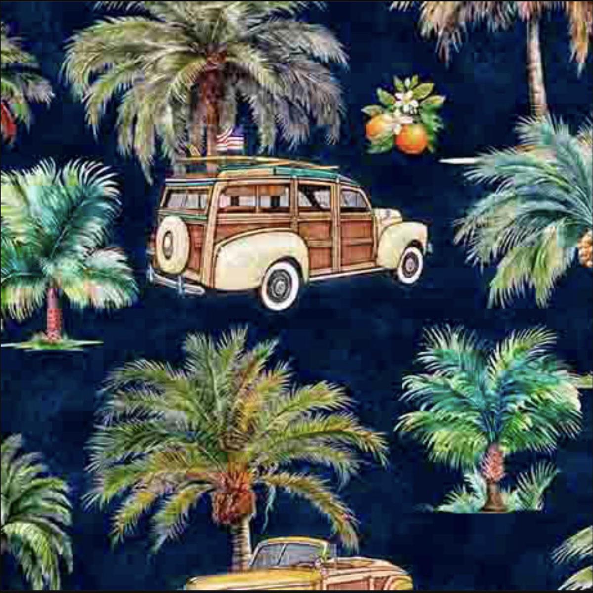 SALE California Dreaming Palm Trees & Cars 31348 Midnight W - - QT Fabrics - Fruit Tree Leaves Nature - Quilting Cotton Fabric