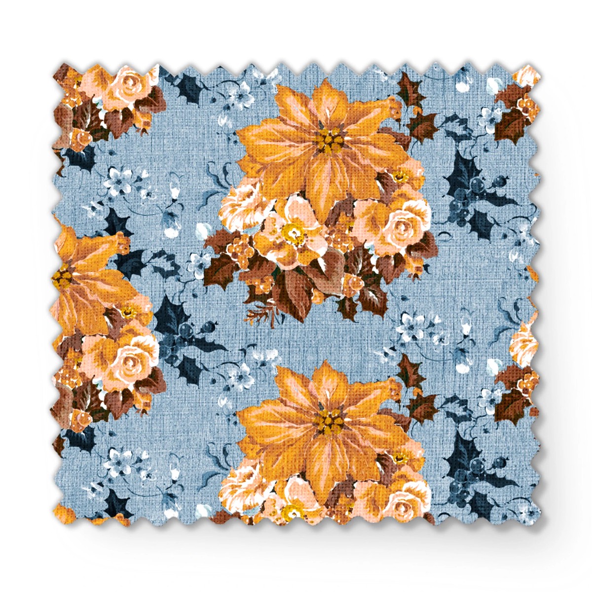 Polished Poinsettias on Blue & Gold Fabric