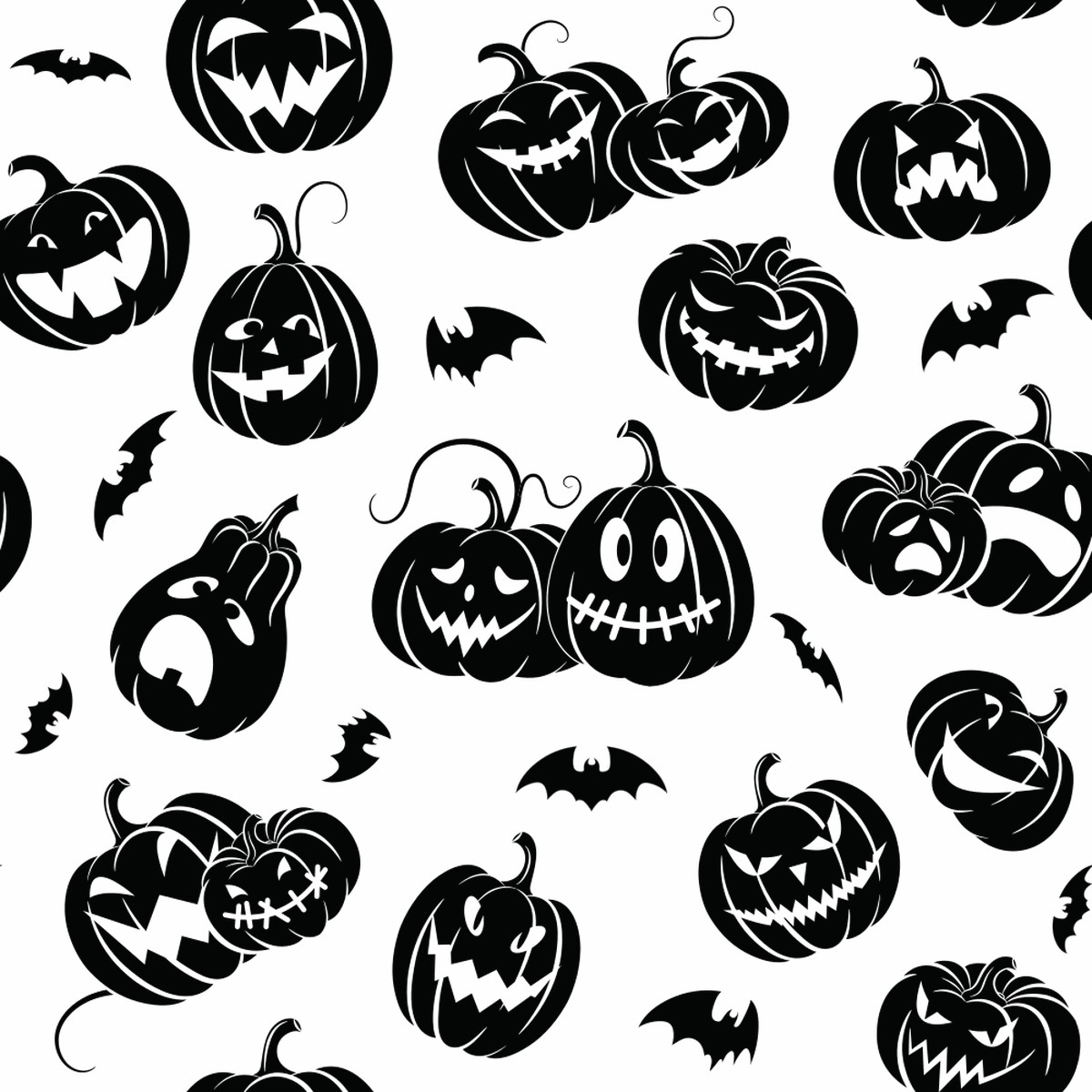 Scary Pumpkins and Bats Fabric - BlackWhite