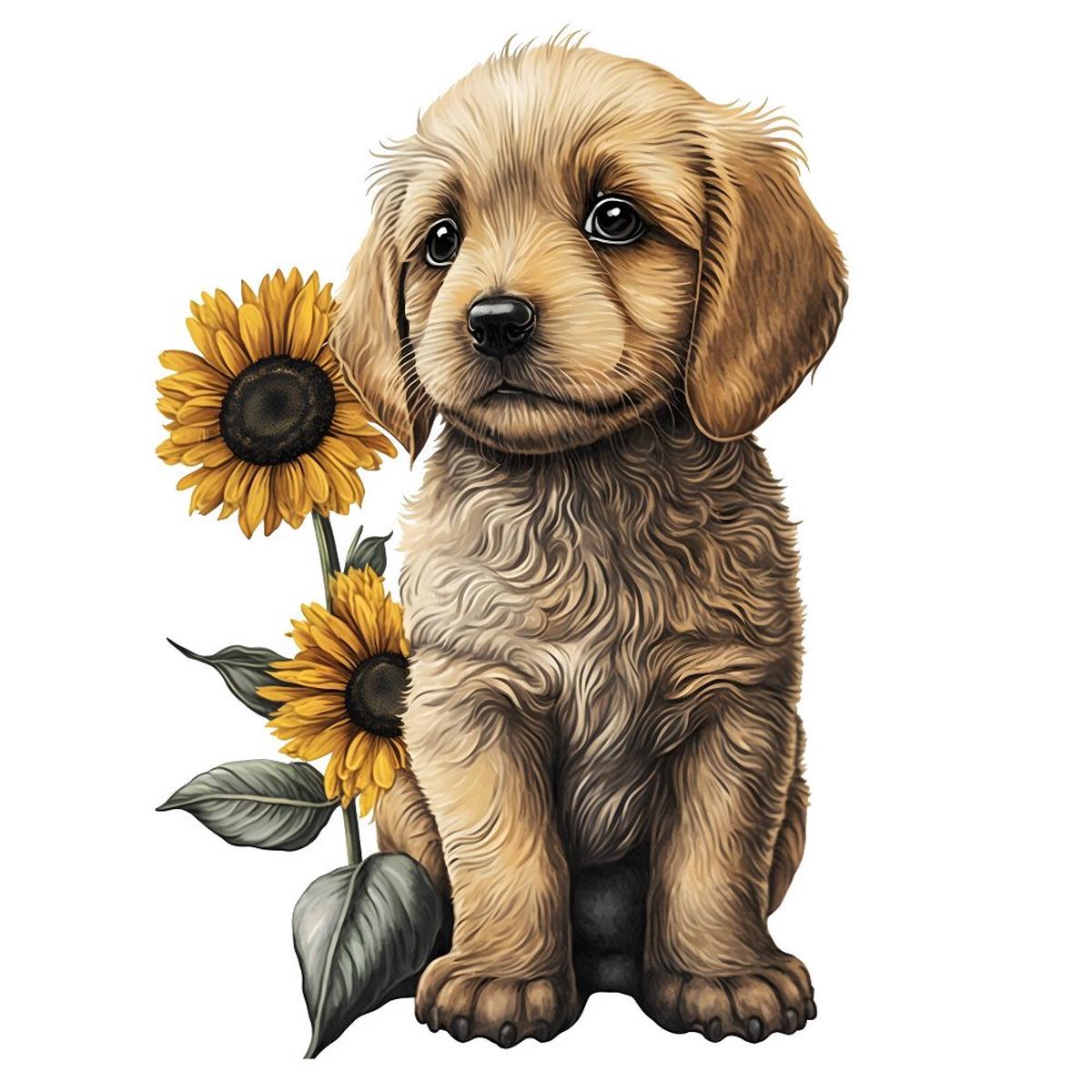 Cute Puppies Sunflowers 11 Fabric Panel