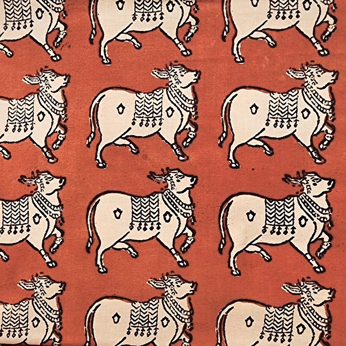 Pure Cotton Bagru Rust Red With Cream Cow Motif Hand Block Print Fabric