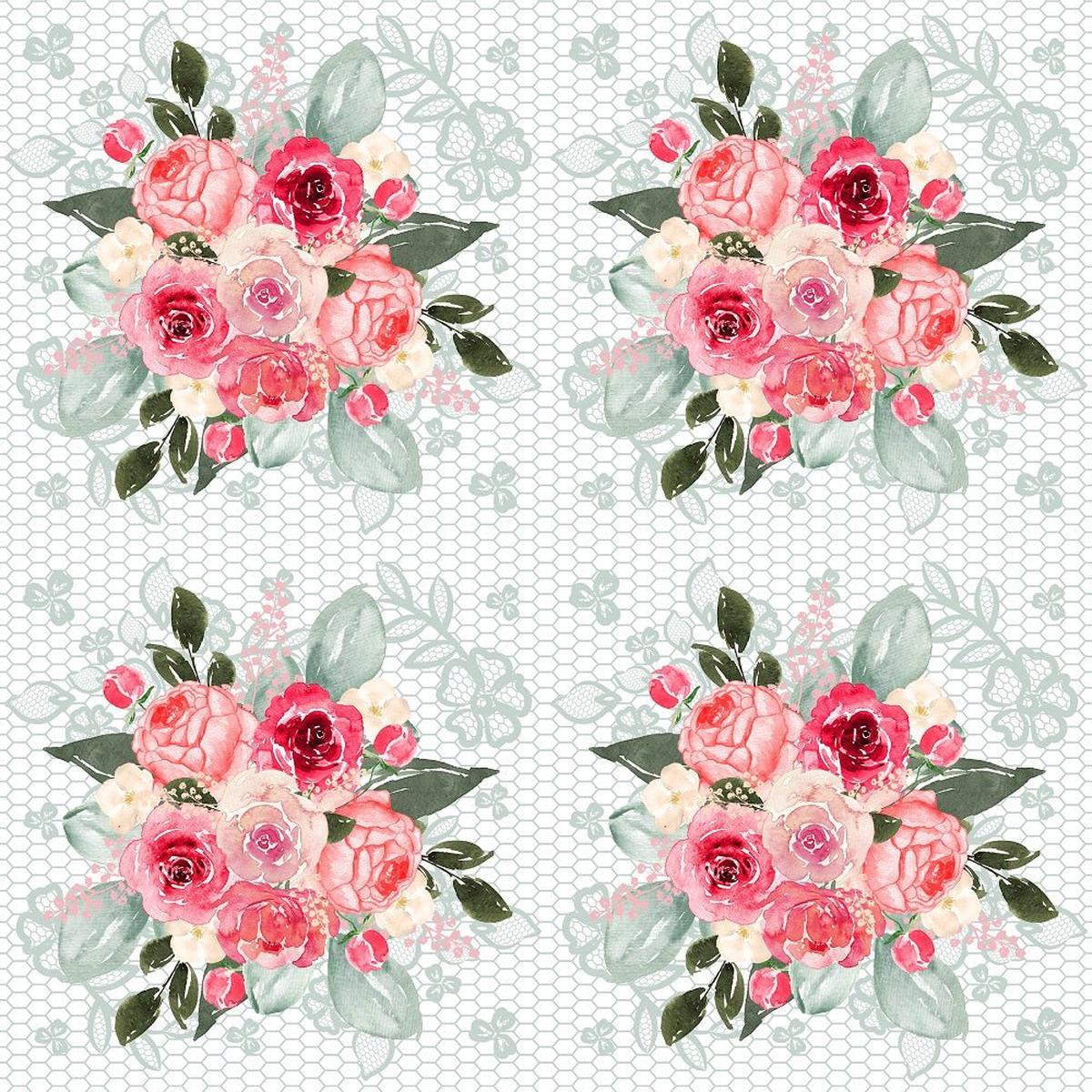 Watercolor Valentine Roses on Green Lace Fabric - White