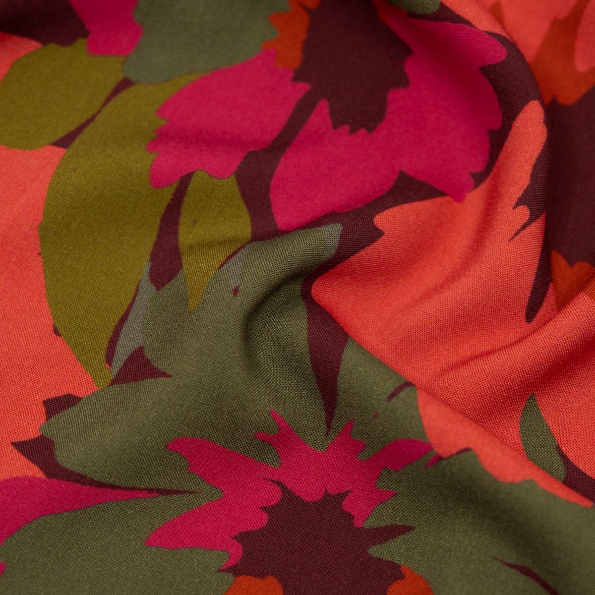 Wild Overgrowth Printed Viscose Challis - Maroon/Papaya/Grass