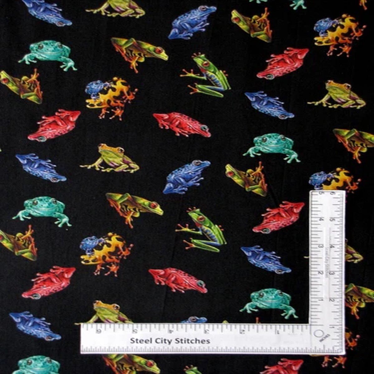 Frog Toad Multicolor Toss Black Fabric Jewels of Jungle Cotton Studio E By Yard