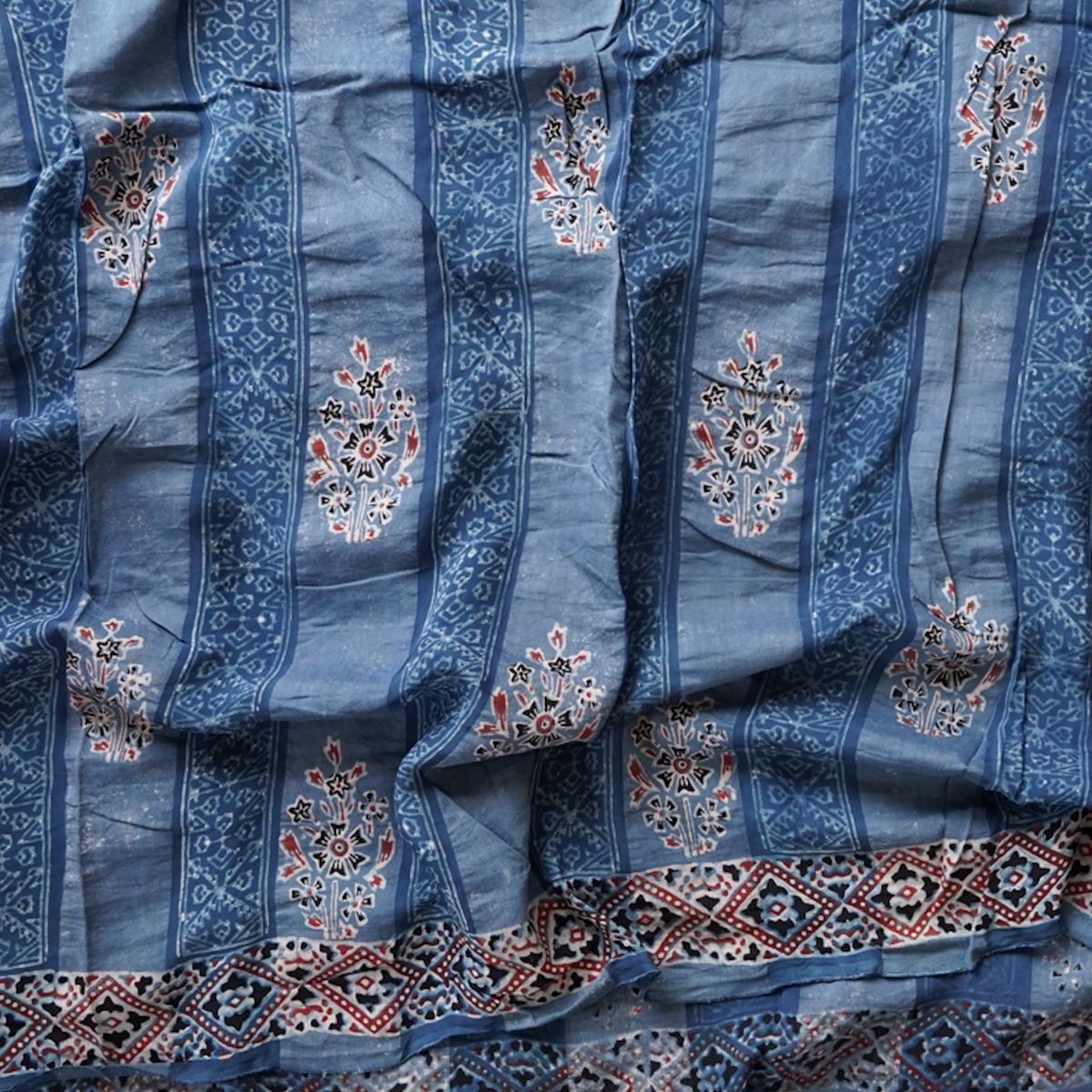 Organza Chanderi Ajrak Blue With Black And Red Flower motif intricate Border Design Hand Block Print Fabric