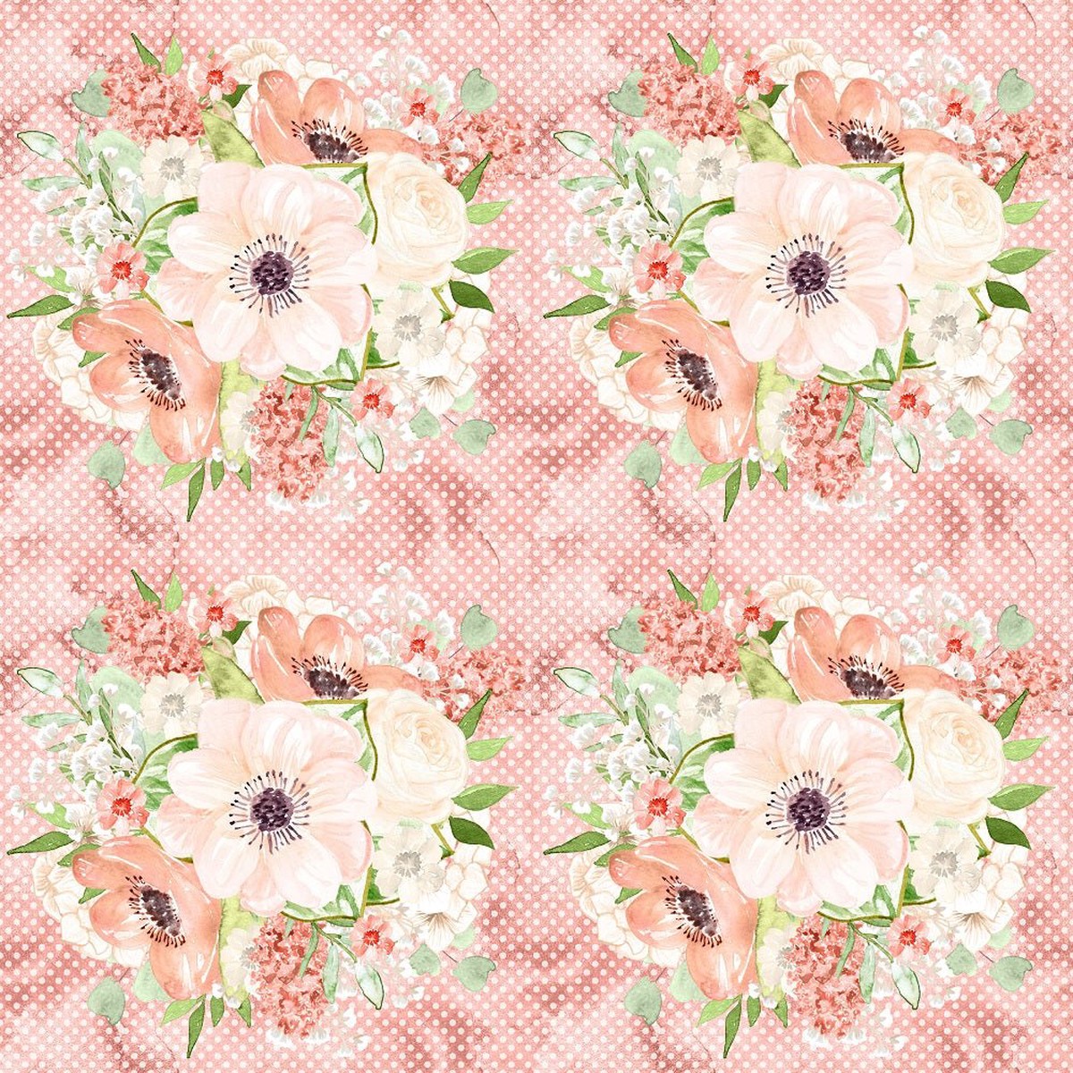 Peach Romance Bouquet on Small Polka Dot Fabric - Pink
