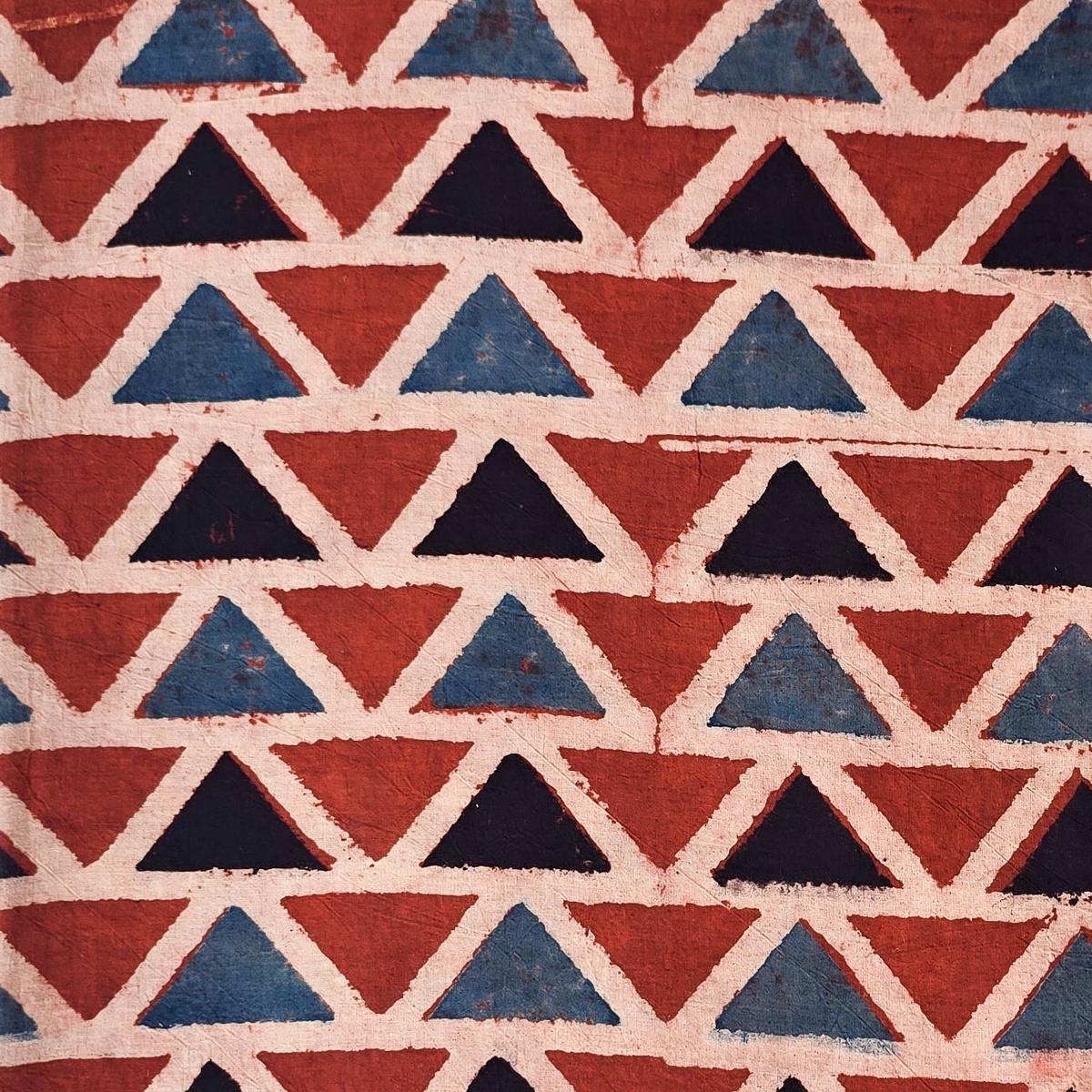 Pure Cotton Ajrak Geometrical Design Red With Black And Blue Triangle Hand Block Print Fabric