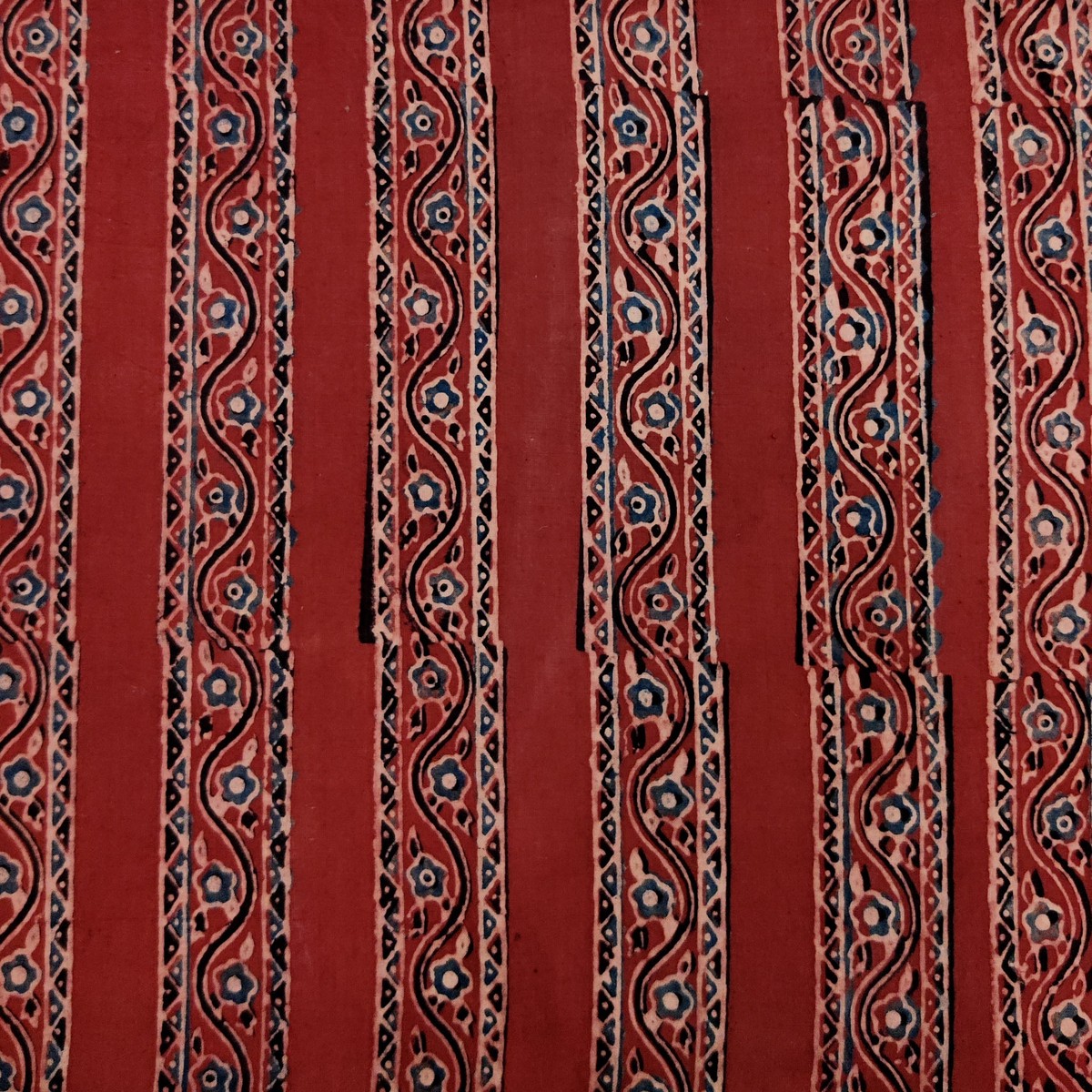 Pure Cotton Ajrak Rust And Blue Flower Creeper Hand Block Print Fabric