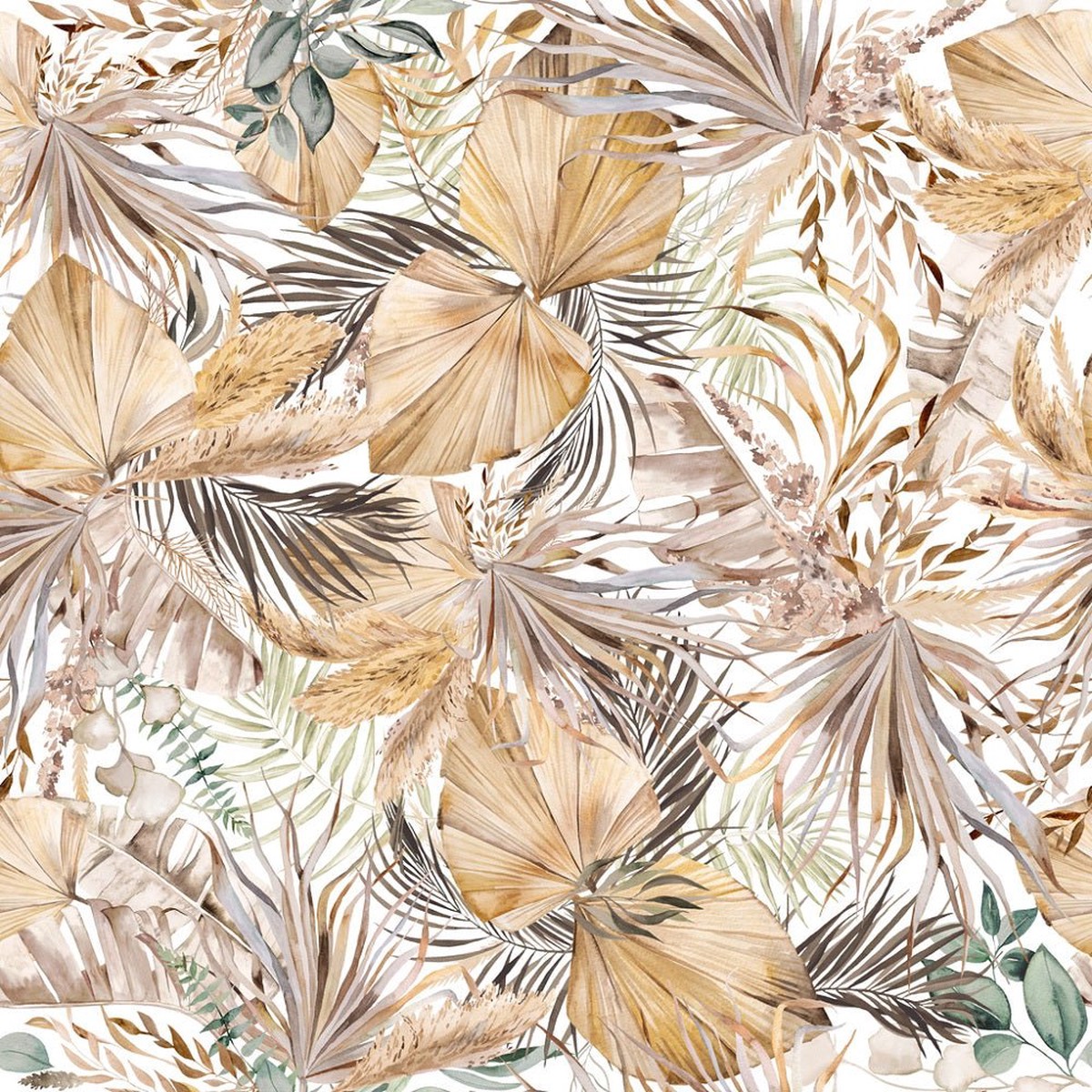 Watercolor Bohemian Dried Tropical Leaves Fabric - White