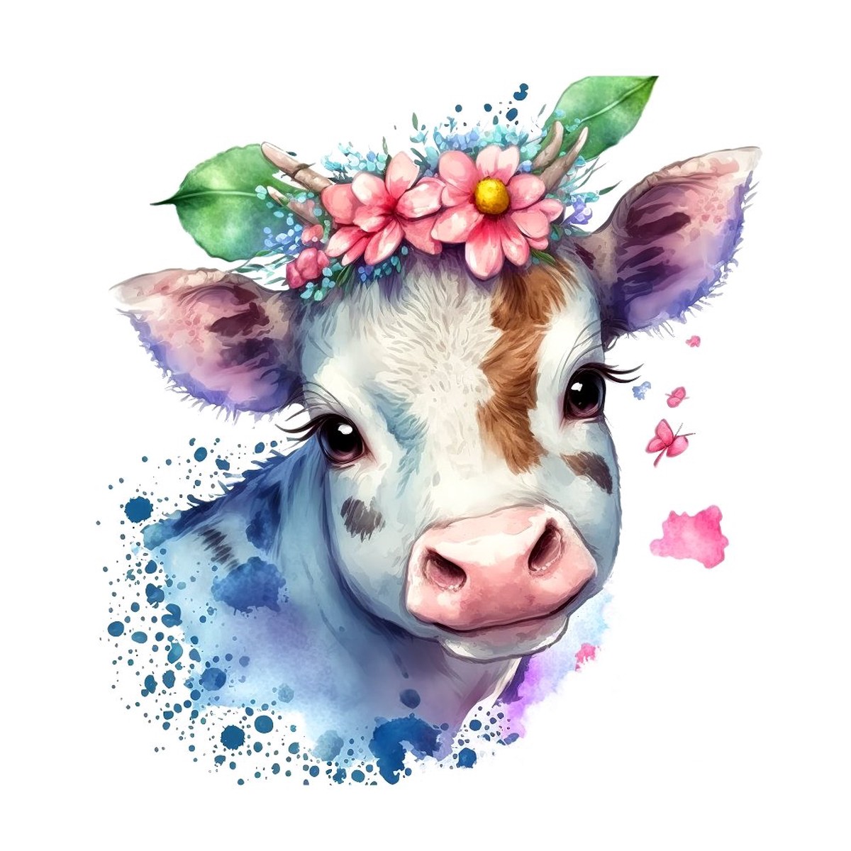 Watercolor Cows Flowers 6 Fabric Panel