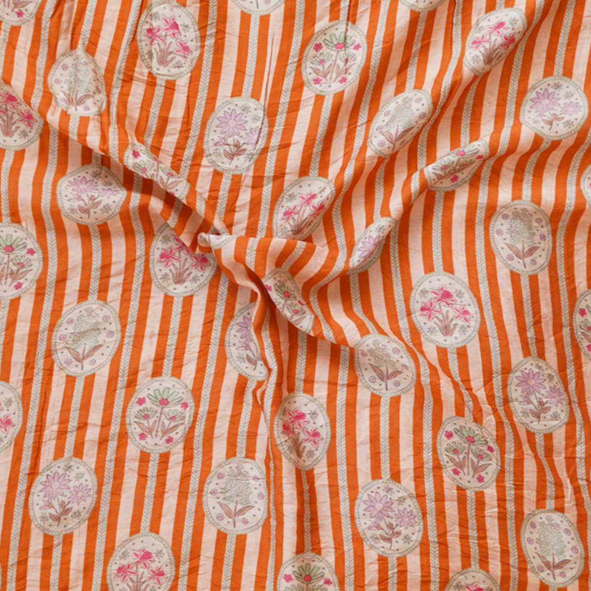 Mogra Chanderi Orange and striped design With Floral Medallion Motif Printed Fabric