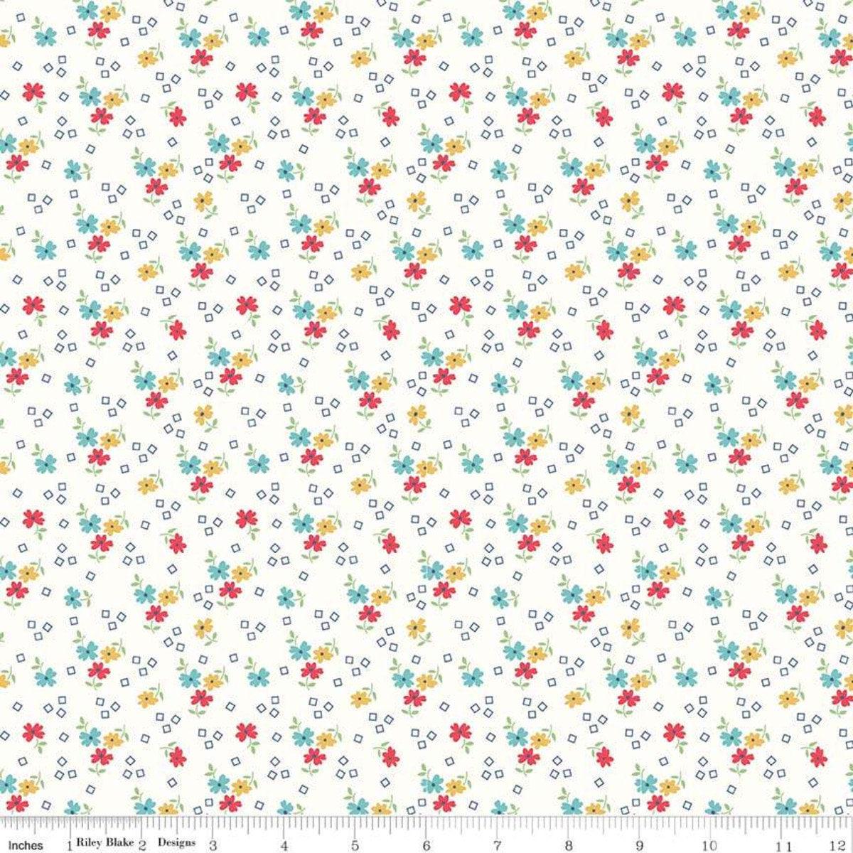 SALE Farm Girl Vintage Flower C7872 Cloud - Riley Blake Designs - Floral Flowers Squares - Lori Holt - Quilting Cotton Fabric