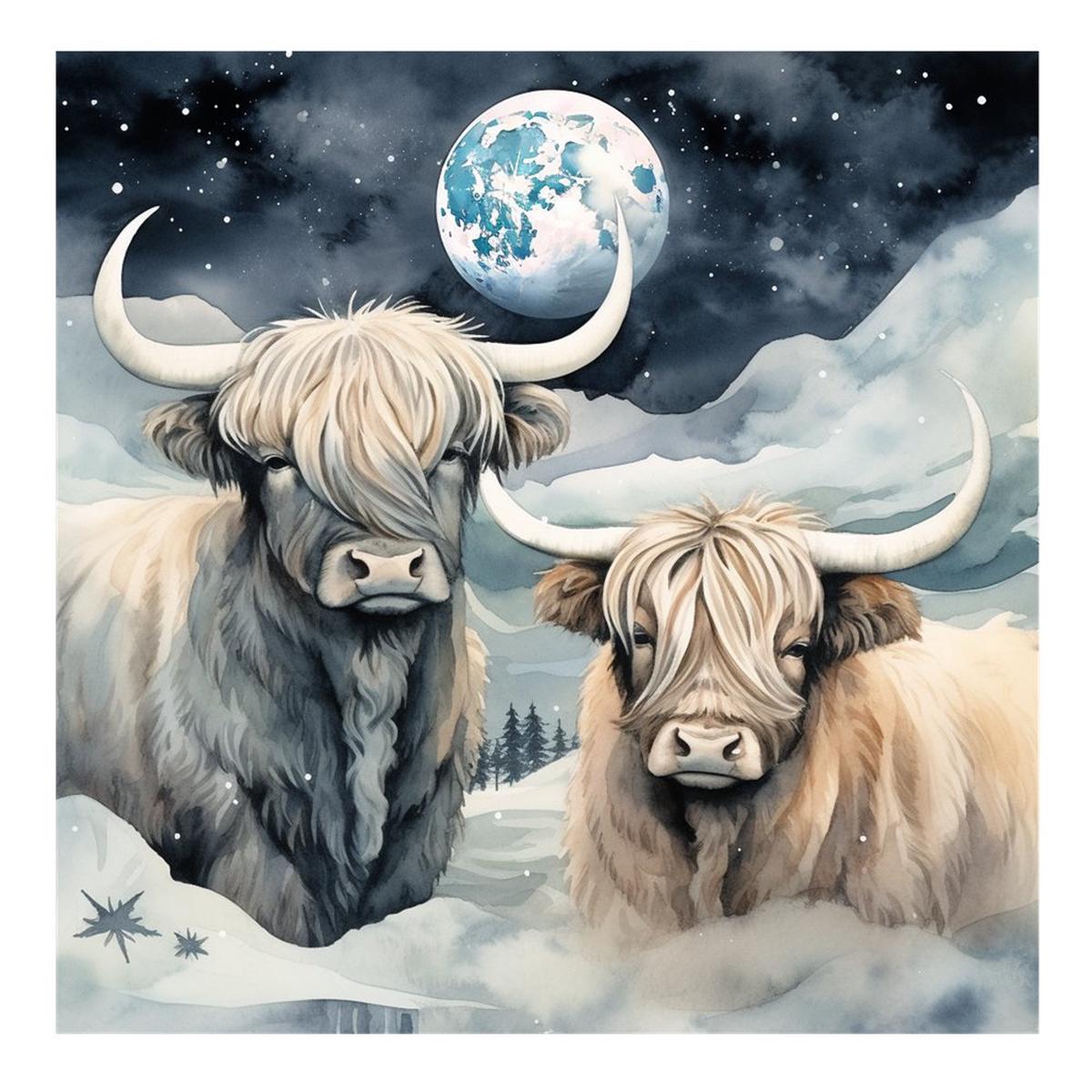 Highland Cows In The Moonlight 7 Fabric Panel