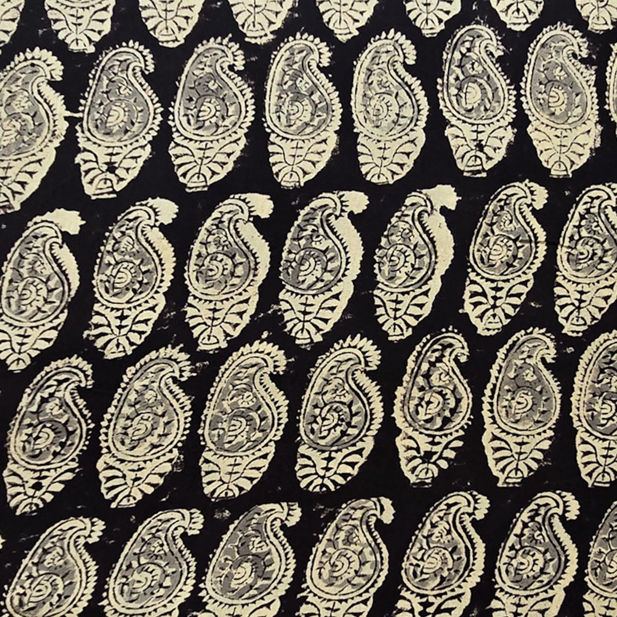 Modal Cotton Kalamkari Black With Cream Small Kairi Motif Hand Block Print Fabric