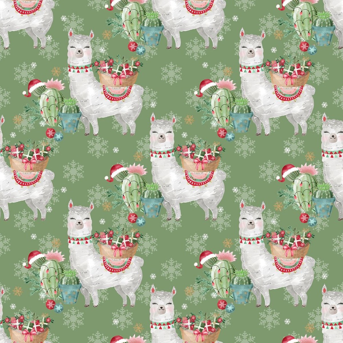 Jolly Llama on Snowflake Fabric - Green