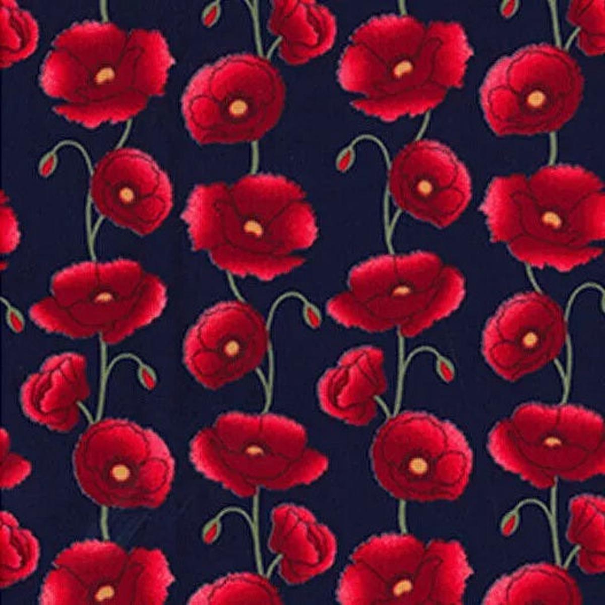 Cotton Poplin Fabric - Red Poppy Floral on Navy