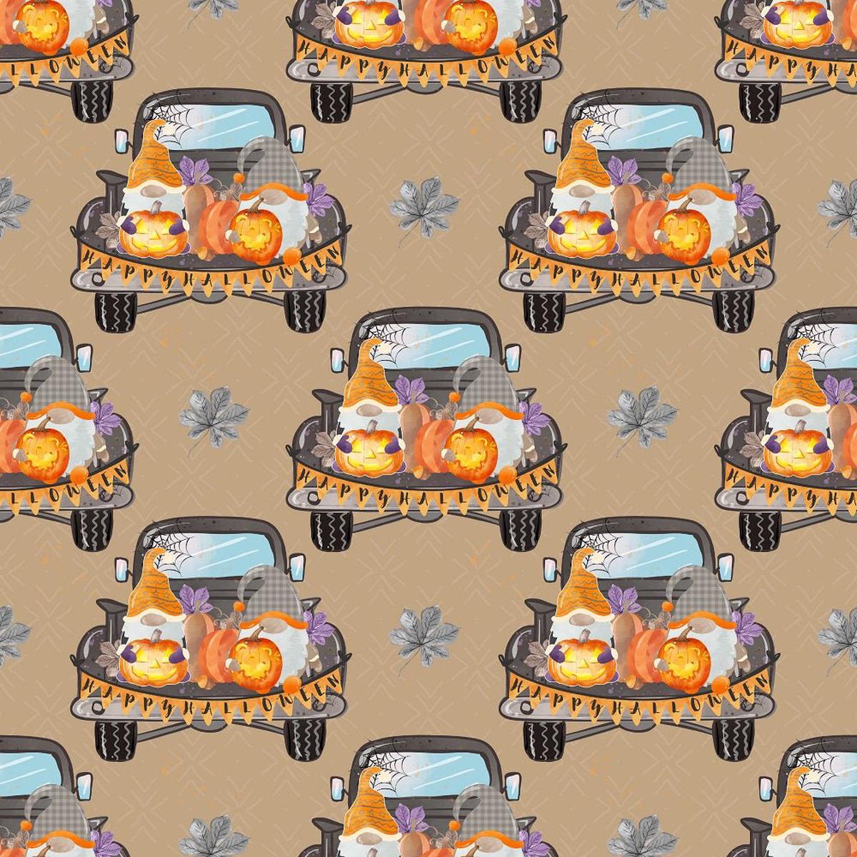 Halloween Gnomes on Truck Fabric - Tan