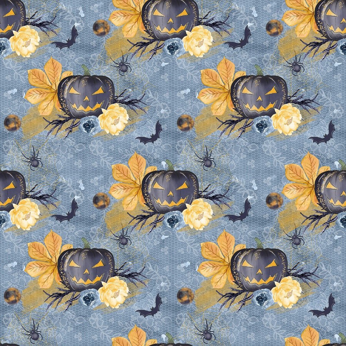 Cute Halloween Pumpkins and Bats Fabric - Blue