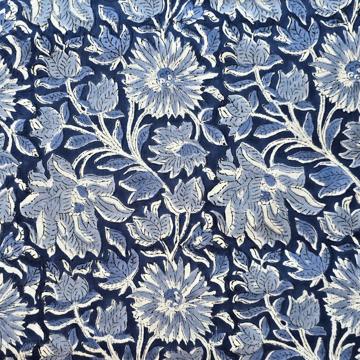 Pure Cotton Jaipuri Dark Grey With Flower Jaal Hand Block Print Fabric