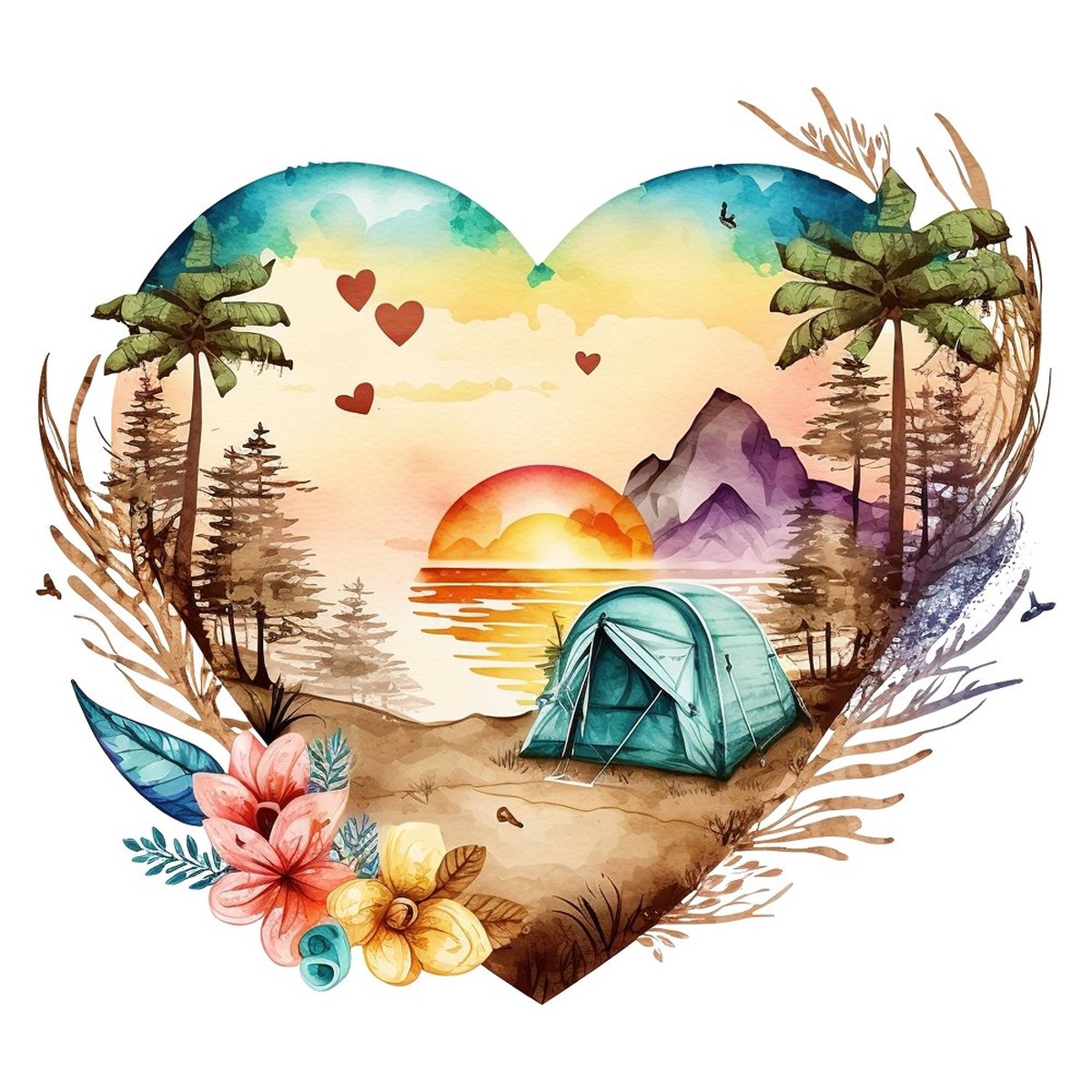 Retro Camping Beach Heart 4 Fabric Panel