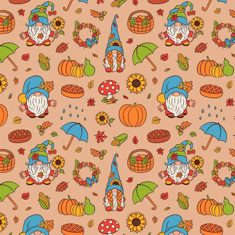 Cute Fall Harvest Gnomes Fabric - Tan