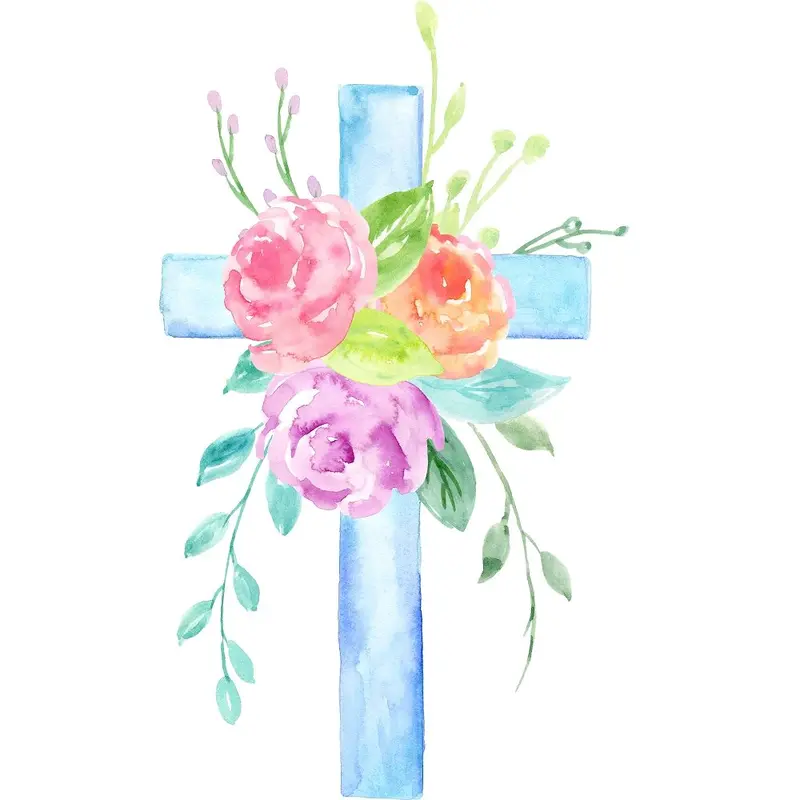 Pastel Watercolor Floral Cross Fabric Panel - Blue