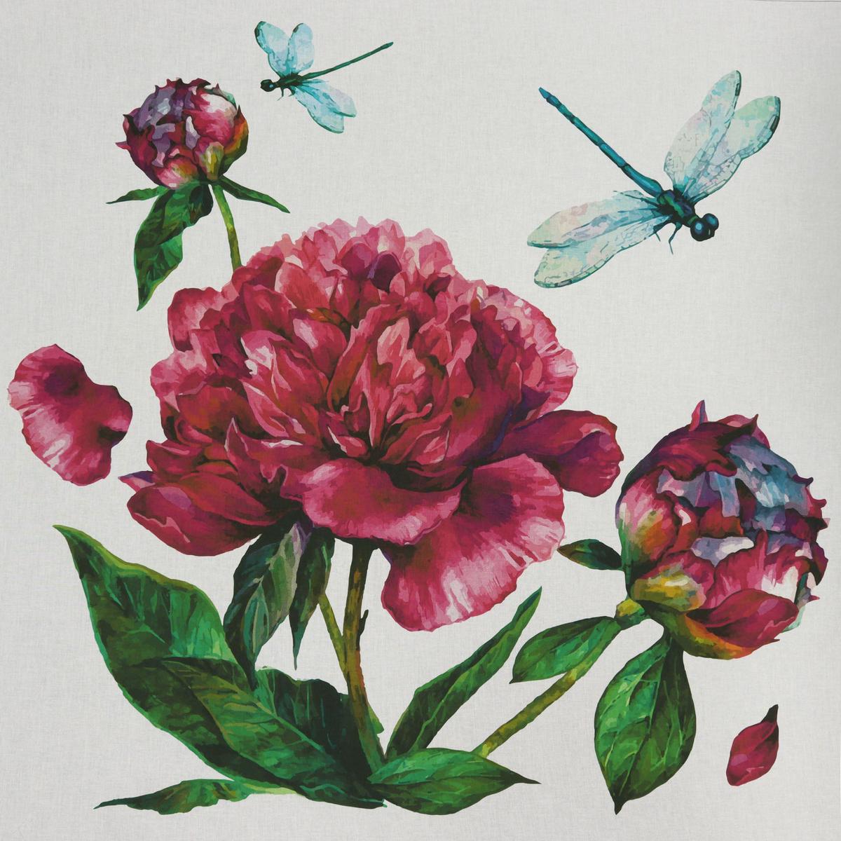 Watercolor Peonies Dragonflies Fabric Panel
