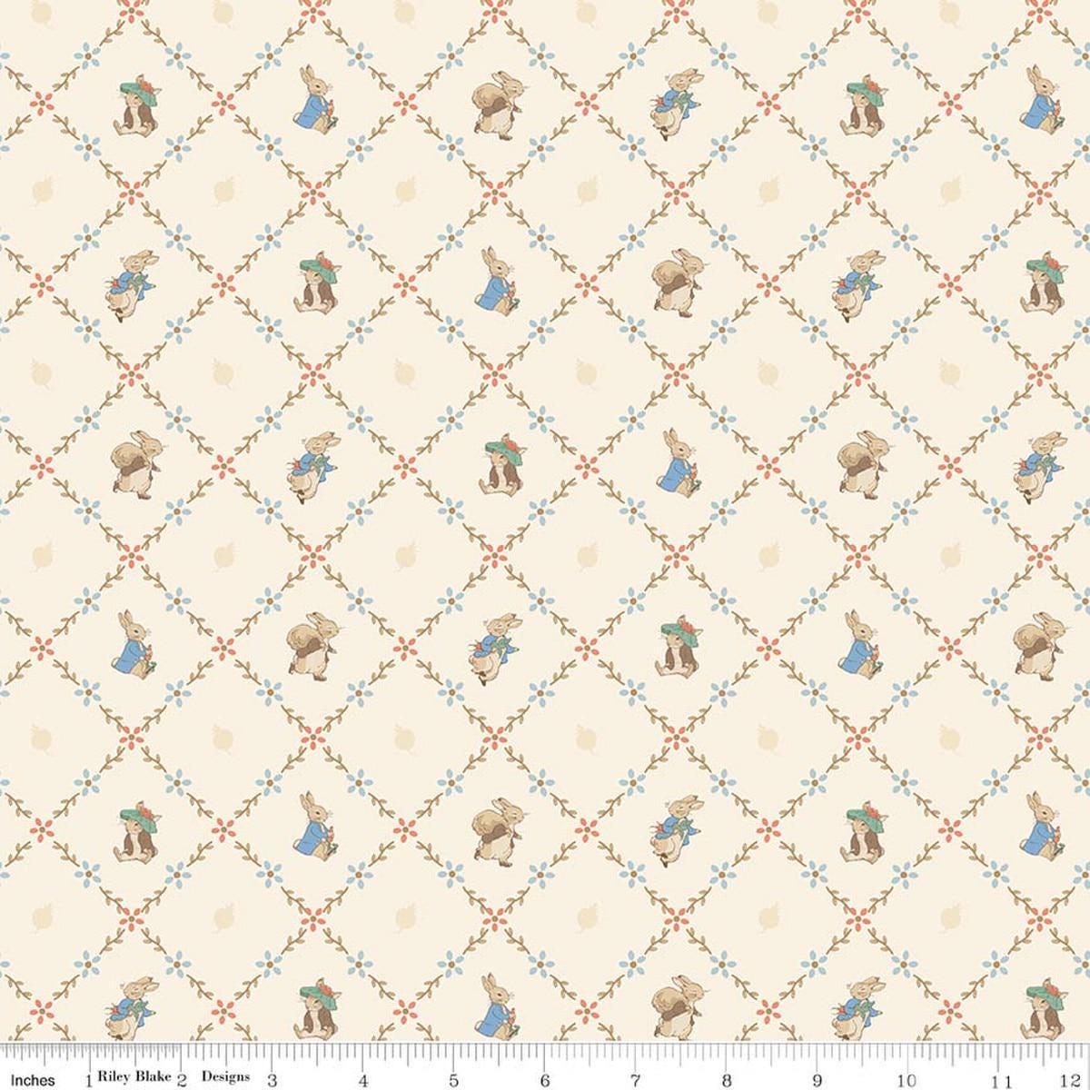 SALE Peter Rabbit & Benjamin Bunny Lattice Cream C17254 - Riley Blake Quilting Cotton Fabric - Licensed Product